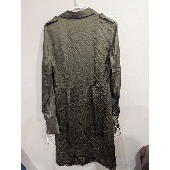 Moda International size S long sleeve collared 100% silk olive green midi dress - Picture 4 of 9